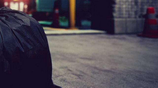 A detailed view of a black trash bag stands against a city backdrop during twilight. Street lights flicker, casting interesting shadows on the pavement, inviting thoughts on urban life.
