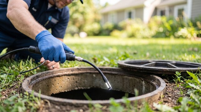 Professional technician uses a flexible camera probe to inspect a residential septic system or sewer line