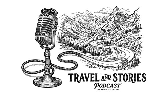 Vintage microphone with scenic mountain road travel podcast concept illustration