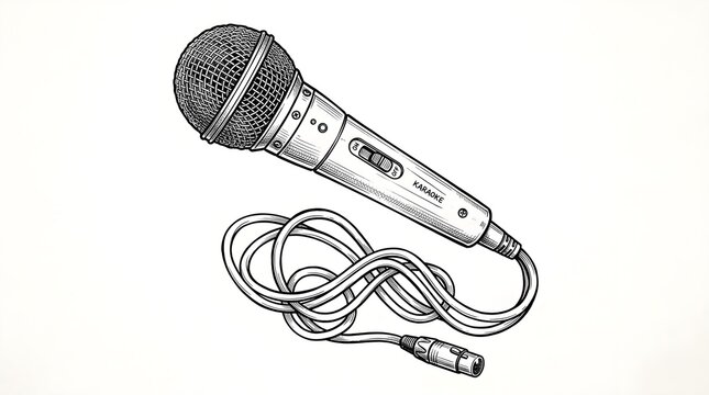 Black and white hand-drawn illustration of a classic wired karaoke microphone