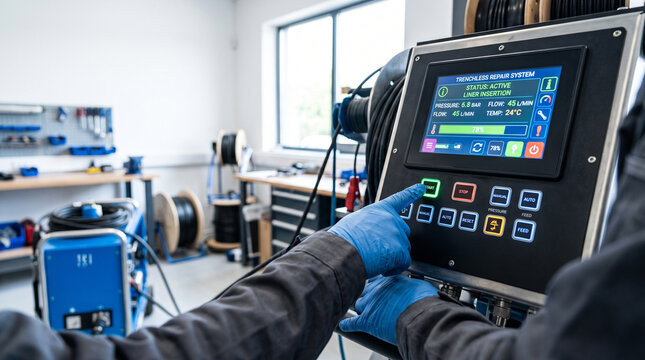 Skilled technician operating trenchless repair system control panel for active liner insertion process