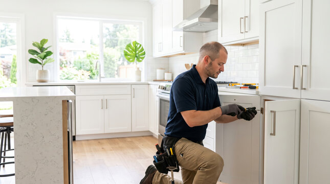 Skilled tradesman fine-tuning kitchen cabinet door hinges for proper alignment and function