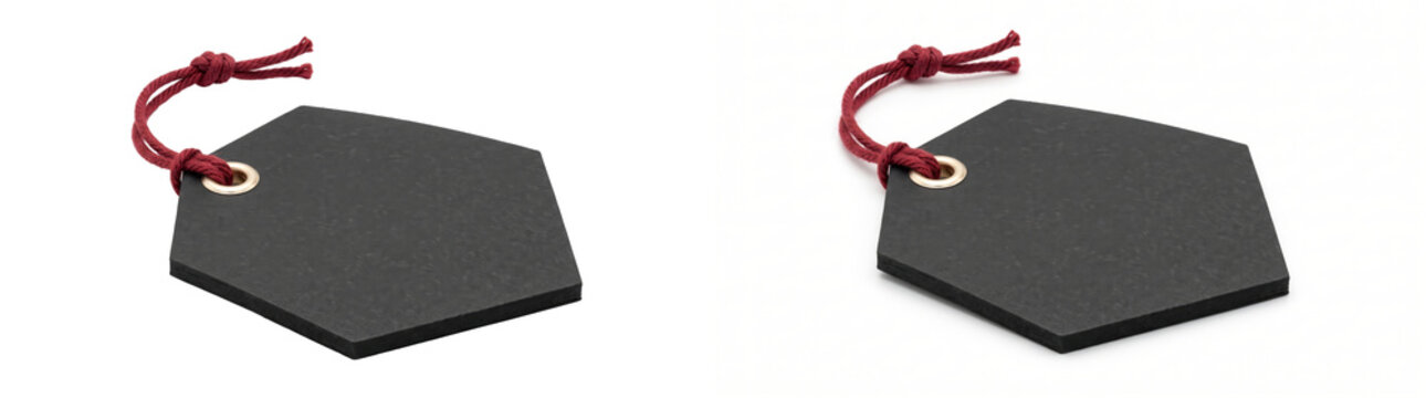 Blank black hexagon gift tag with gold grommet and dark red cotton string shown as PNG isolated with transparent background