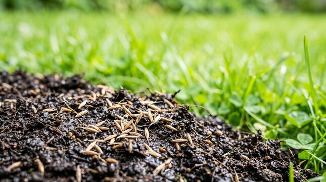 Sowing grass seeds onto rich dark soil to cultivate a new lush green lawn