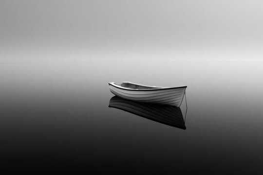 Rowboat floating on still open water