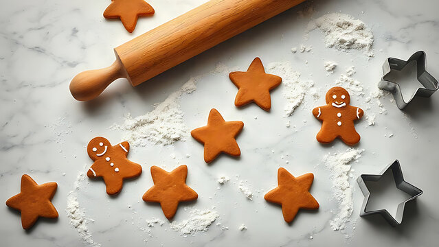 Gingerbread cookies and rolling pin on marble counter, holiday baking concept