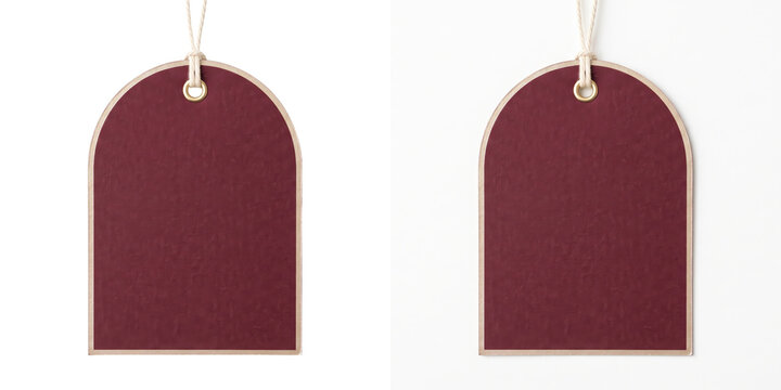Blank burgundy arched gift tag with gold trim and cream string shown as PNG isolated with transparent background for festive holiday design projects