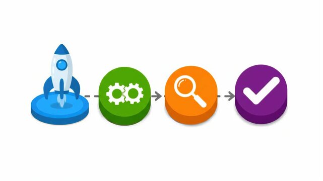 cartoon rocket launching from circular base to progress through gear and magnifying glass icon process on clean white background