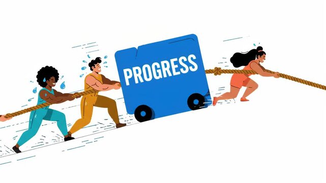 Diverse team pulling heavy progress block uphill with effort against plain white background