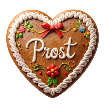 Decorated Heart Shaped Gingerbread Cookie with Prost Icing Text on Green Background