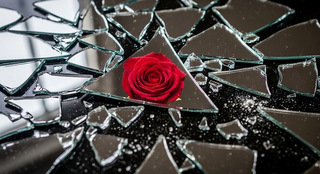 vibrant red rose emerging from shattered dark glass fragments on reflective black surface, symbolic contrast