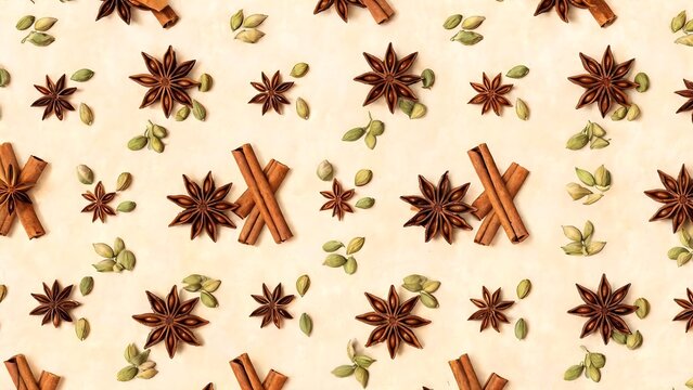Seamless pattern of aromatic spices with star anise, cinnamon sticks, and green cardamom pods on a light beige background