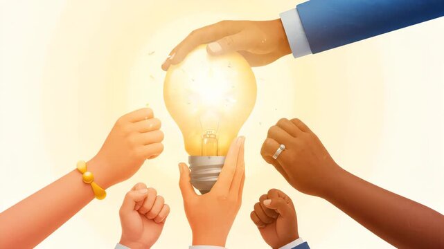 Diverse hands gathering around glowing star-shaped light bulb to symbolize innovation and teamwork against clean white background representing collective creativity and shared business vision