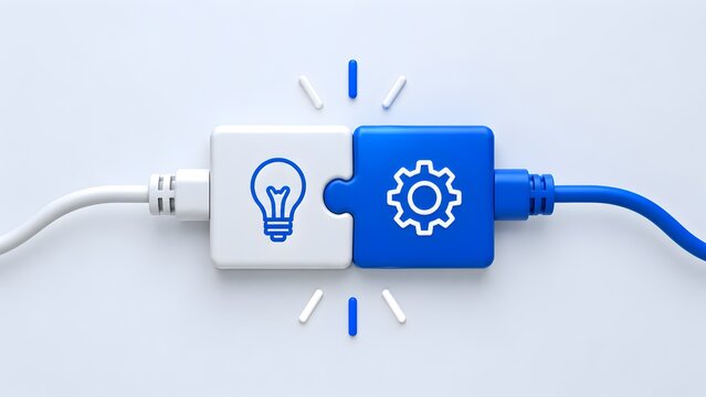 Interlocking puzzle pieces featuring lightbulb and gear icons connected by electrical cables representing creative ideas meeting technical execution