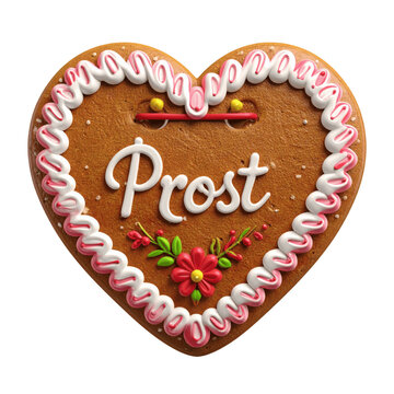 Decorated Heart Shaped Gingerbread Cookie With White Prost Icing Text and Red Flower on Green Background