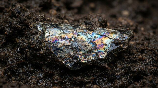 Geological Wonder: A striking piece of mineral, displaying iridescent colors, emerges from dark, rich soil, hinting at the Earth's hidden beauty and raw power.