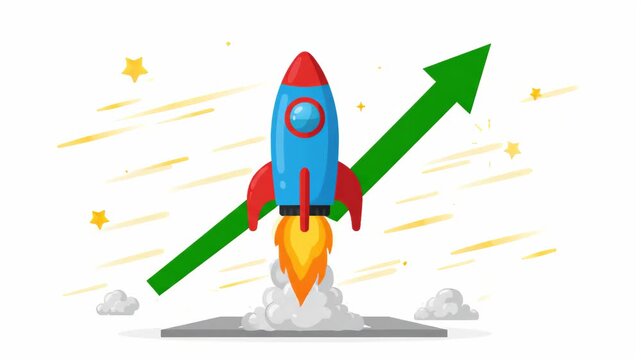 cartoon rocket ship launching vertically into the sky symbolizing business growth with large upward trending green arrow set against white background with decorative shining stars