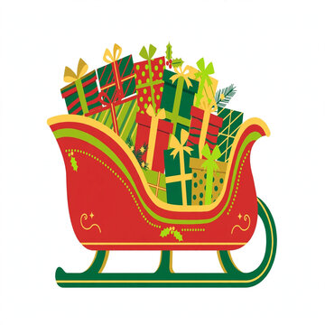 Christmas sleigh with gifts flat vector clipart red green