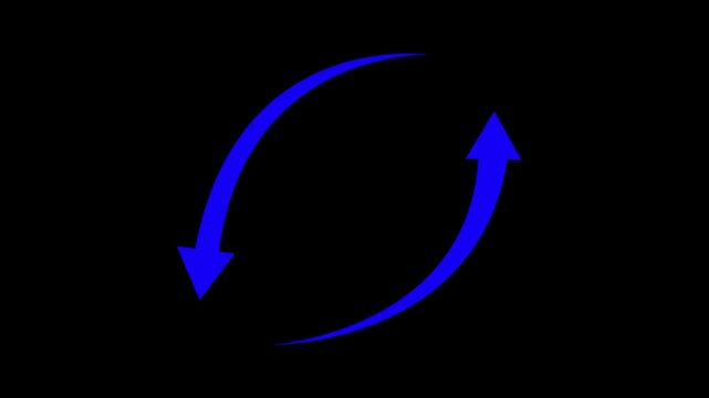 blue color 2 Arrow icon set curved upward from bottom and curved downward from top to bottom arrow icon animation on black background 4k video.