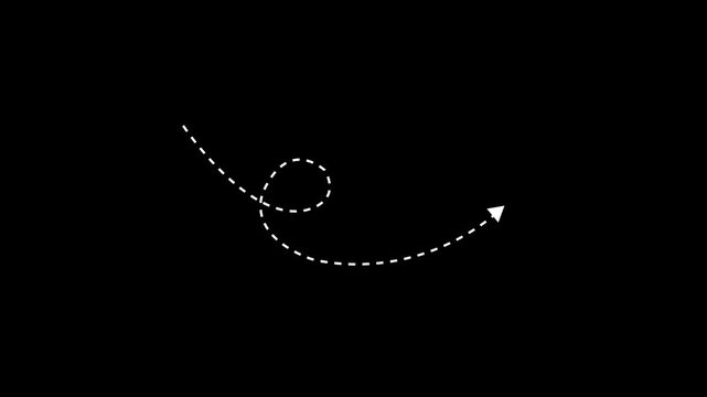 White dashed curved arrow icon animation pointing upwards on black background 4k video motion graphic animation.