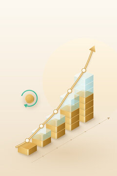 Compound interest and savings growth concept with rising gold bar stacks and upward trend arrow, 3D illustration
