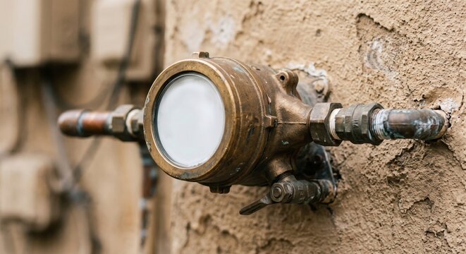 Water meter close up brass mounted on a wall utility detail stock photography