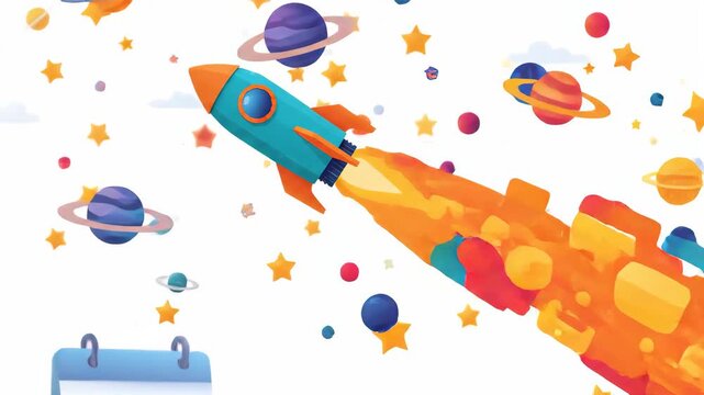 colorful rocket ship taking off next to desk calendar marked for launch day set against clean white background filled with festive floating stars and circular confetti elements
