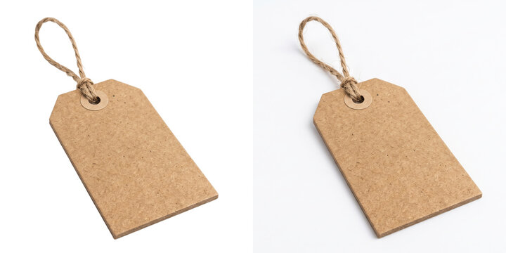 Blank kraft cardboard luggage tag with reinforced hole and jute string shown as PNG isolated with transparent background for festive holiday design projects