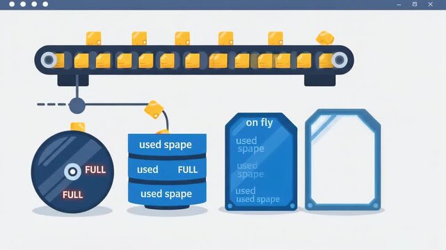 Digital factory illustration showing conveyor belt stopped by an error symbol while storage containers are full indicating an industrial production halt in warehouse monitoring system