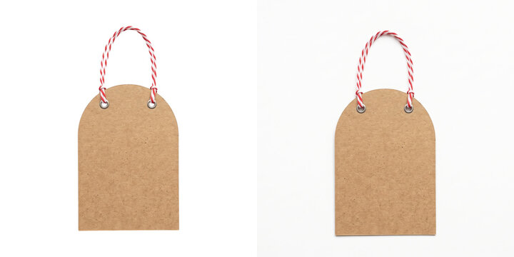 Blank kraft paper gift tag with red and white twine string shown as PNG isolated with transparent background for festive holiday design projects