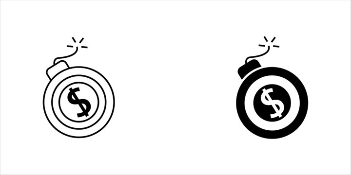 Minimalist black outline icon set. of a money symbol inside a circular explosive graphic, representing financial impact, advertising spending, marketing costs, investment, and business risk.