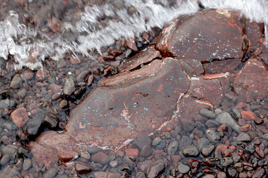 Copper Bearing Rocks and Pebbles at Lake Superior Shoreline, Keweenaw Peninsula Michigan