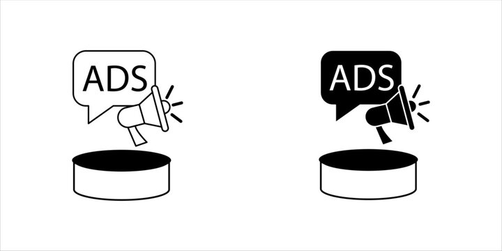 Minimalist outline icon set. of a megaphone displaying the word ADS on a raised platform, representing advertising promotion, digital ads, marketing campaigns, and promotional services.