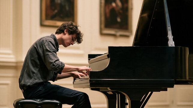 Young man playing a grand piano intently in a classical hall