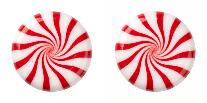 Top view of a round peppermint swirl candy with bright red spiral stripes shown as PNG isolated with transparent background