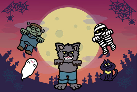 オオカミ男,フランケン、ミイラなどの可愛いお化けのハロウィン背景