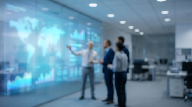 Business team analyzing global market trends on digital interactive glass wall in modern office space with blurred background professional corporate environment for data analytics presentation