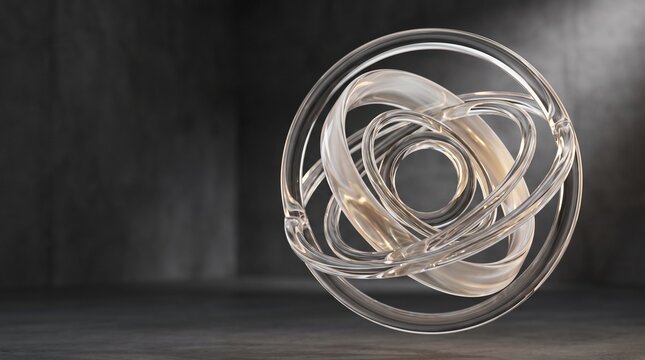 Floating transparent glass armillary sphere with concentric rings in a dark moody industrial concrete room