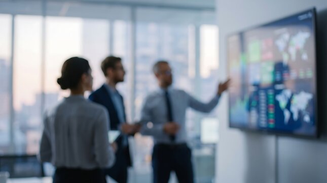 Business team having strategy meeting in high rise office with blurred city skyline background and large screen displaying world map with data points for international project planning