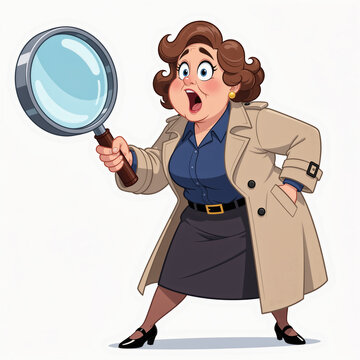 Surprised middle-aged detective woman holding giant magnifying glass on white background, looking curious and shocked.
