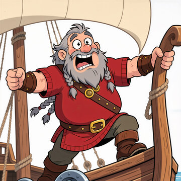 Surprised Viking man gripping ship rail, wide eyes and mouth agape, on white background.