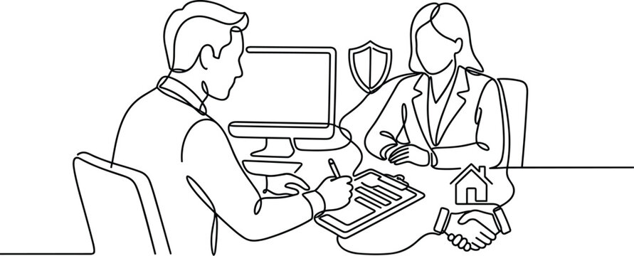 Business meeting signing contract handshake house shield computer one line art
