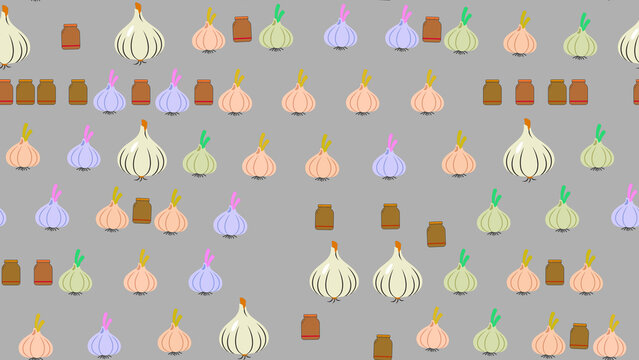 Seamless pattern of stylized onions and jars