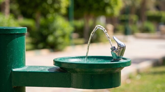 Drinking fountain closeup in sunny public park with flowing water stream refreshing public amenity
