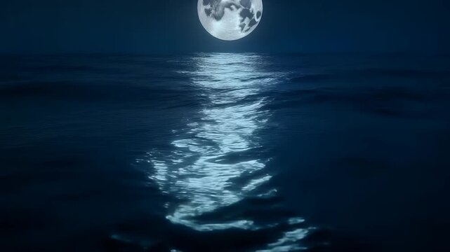 Full moon shining brightly over the dark rippling ocean waters at deep midnight 4K Generative AI