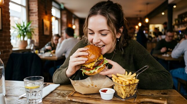 Close-up of a woman sitting at a table in a cafe eating a hamburger and french fries