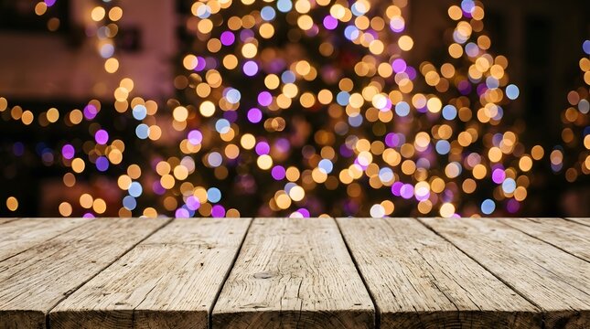 Festive christmas background with blurred lights and a wooden table in foreground