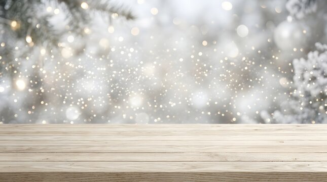 Winter forest scene with falling snow and a blurred wooden walkway foreground