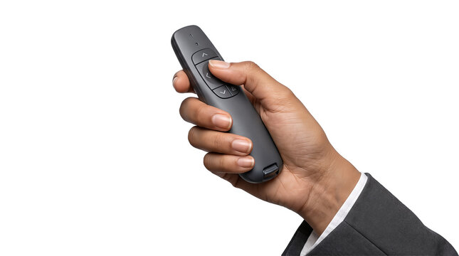 Businessman in gray suit holding a black presentation clicker remote with thumb on button isolated on transparent PNG background