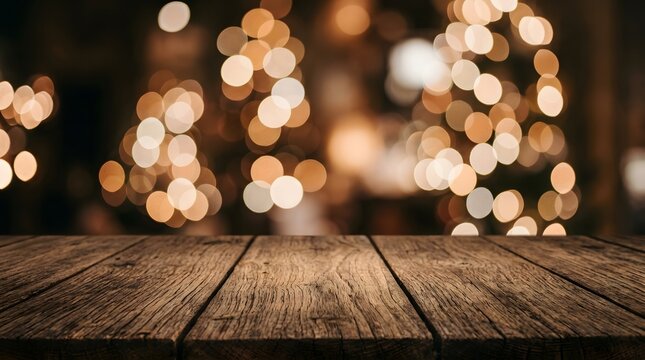 Warm wooden table with a blurred festive background of sparkling christmas lights